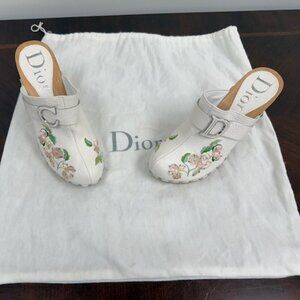 Dior Floar Clog Heels - White Leather - Size 37 (US 6.5)